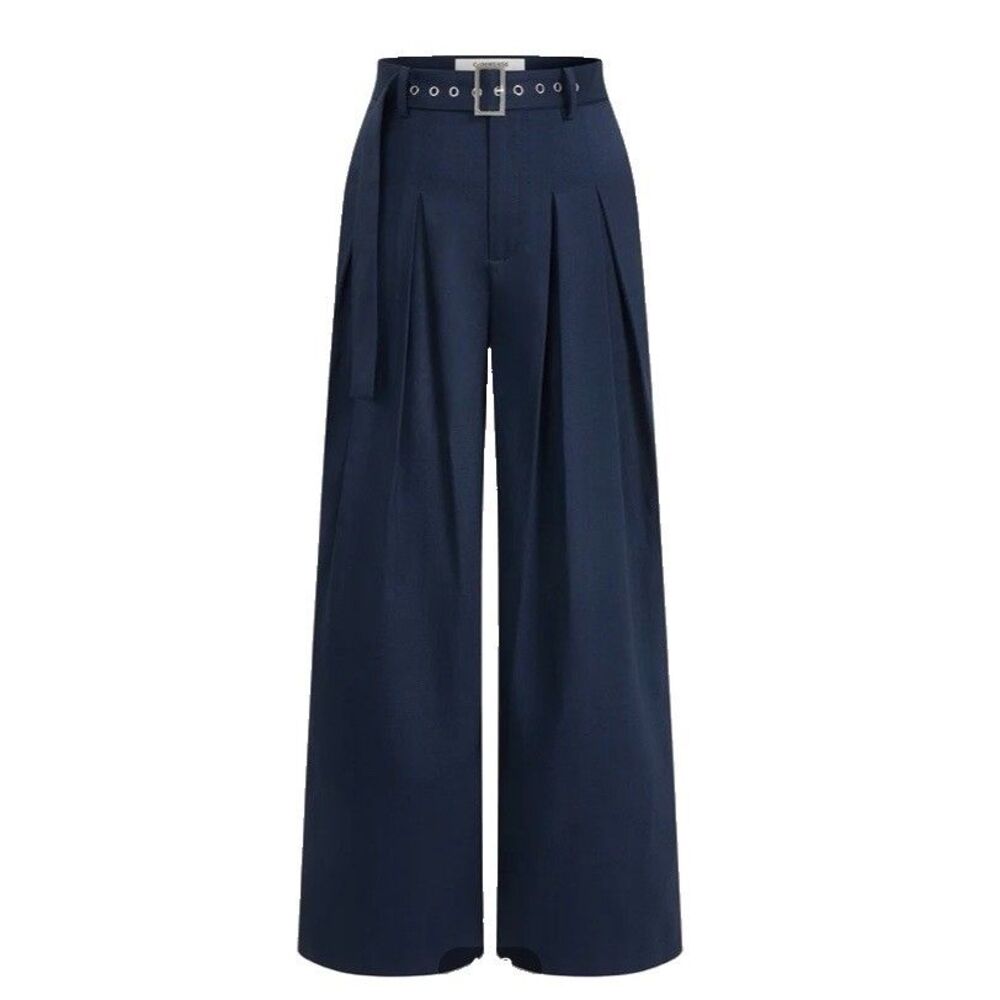 Commense Belted High Waist Wide Leg Pants Navy Blue Size Medium